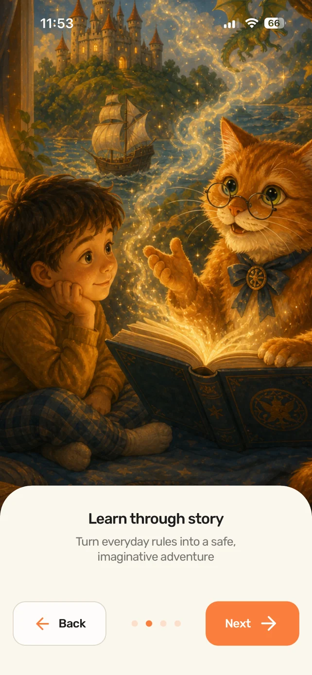 App onboarding screen about learning everyday rules through stories